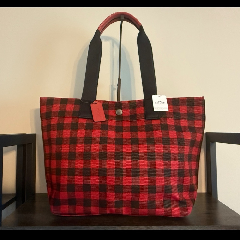 Coach Large Gingham Canvas Tote Buffalo Plaid in Ruby Red Black  39848 - Picture 8 of 8